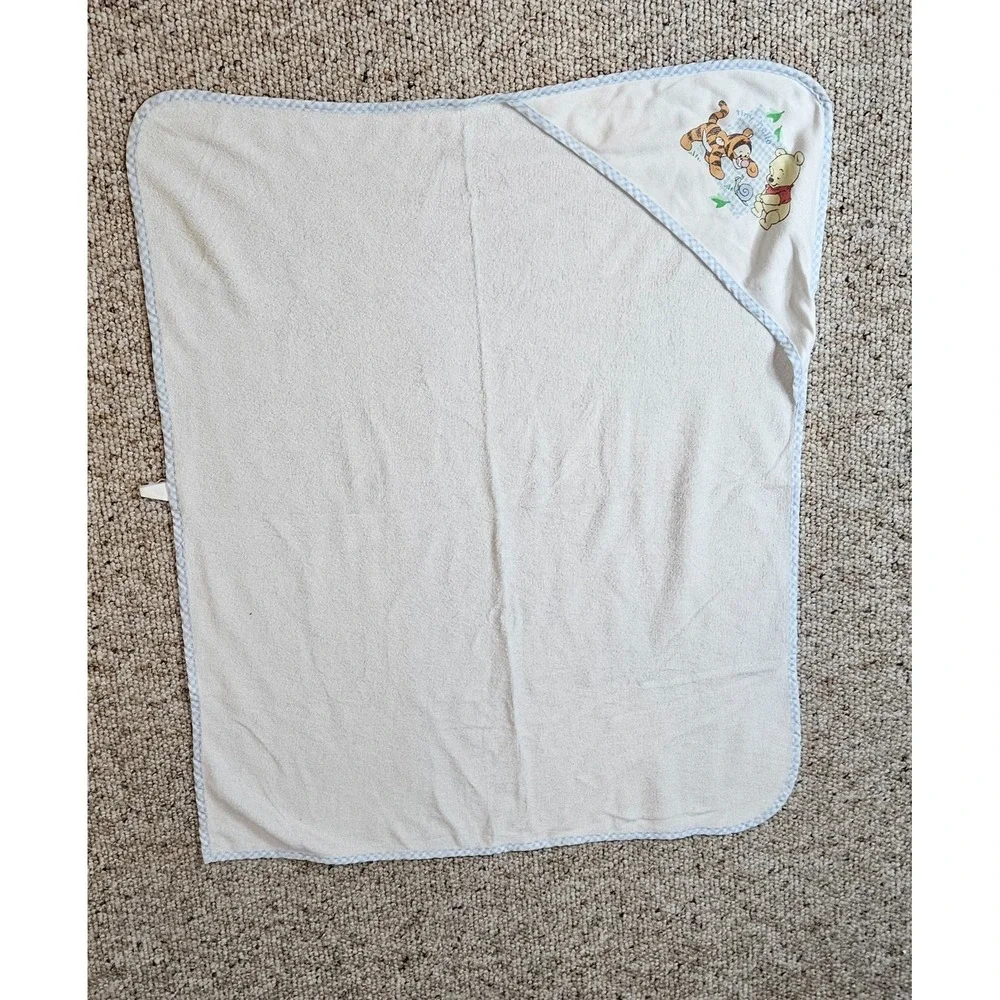Disney Winnie the Pooh Tigger Hooded Baby Towel White Blue Gingham Trim Vintage